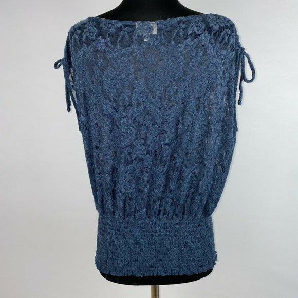 Anthro Deletta XS Navy Blue Loretta Knit Lace Mesh Sheer Banded Hem Top - Picture 9 of 12